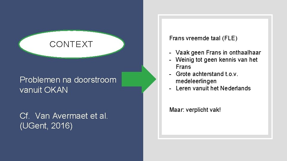 CONTEXT • Problemen na doorstroom vanuit OKAN • Cf. Van Avermaet et al. (UGent,