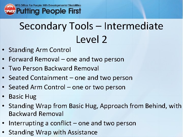 Secondary Tools – Intermediate Level 2 Standing Arm Control Forward Removal – one and