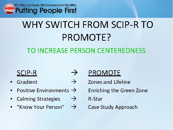 WHY SWITCH FROM SCIP-R TO PROMOTE? TO INCREASE PERSON CENTEREDNESS • • SCIP-R PROMOTE