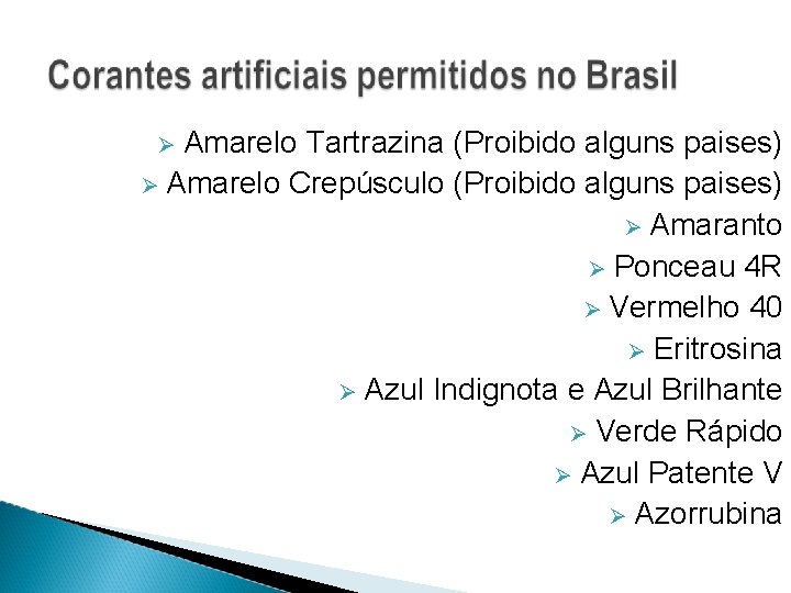 Amarelo Tartrazina (Proibido alguns paises) Amarelo Crepúsculo (Proibido alguns paises) Amaranto Ponceau 4 R