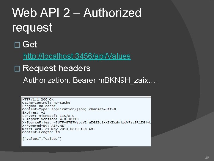 Web API 2 – Authorized request � Get http: //localhost: 3456/api/Values � Request headers Web API 2 – Authorized request � Get http: //localhost: 3456/api/Values � Request headers