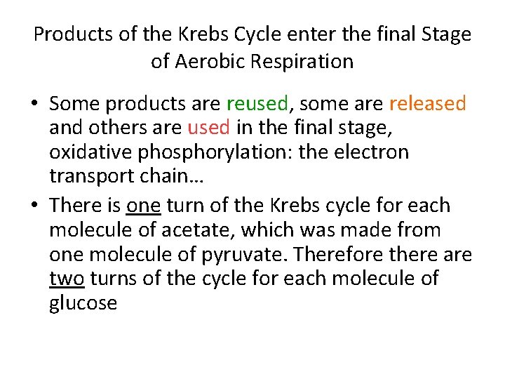 Products of the Krebs Cycle enter the final Stage of Aerobic Respiration • Some Products of the Krebs Cycle enter the final Stage of Aerobic Respiration • Some