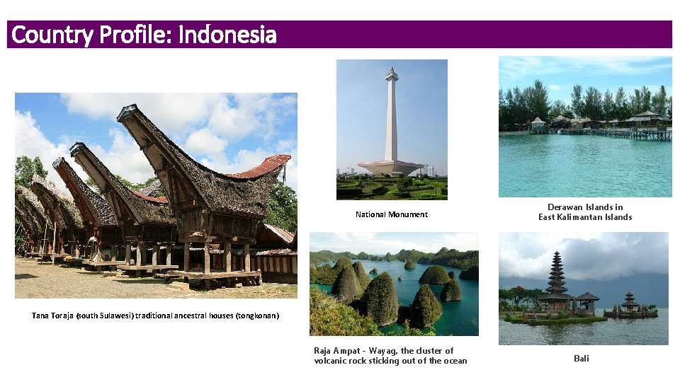Country Profile: Indonesia National Monument Derawan Islands in East Kalimantan Islands Tana Toraja (south