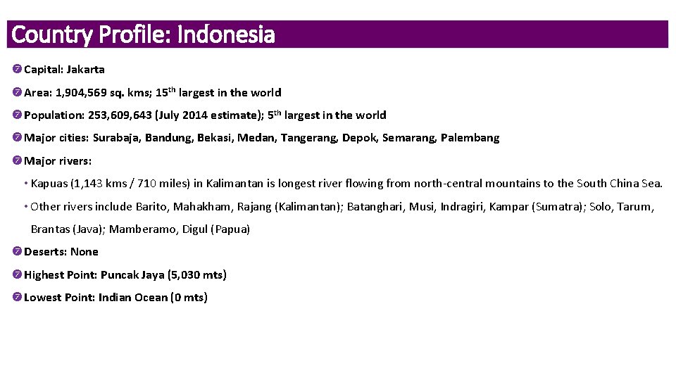 Country Profile: Indonesia Capital: Jakarta Area: 1, 904, 569 sq. kms; 15 th largest