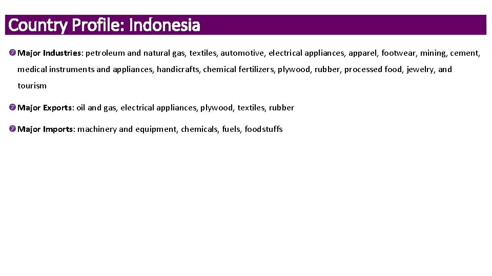 Country Profile: Indonesia Major Industries: petroleum and natural gas, textiles, automotive, electrical appliances, apparel,