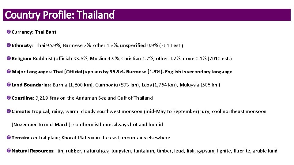 Country Profile: Thailand Currency: Thai Baht Ethnicity: Thai 95. 9%, Burmese 2%, other 1.