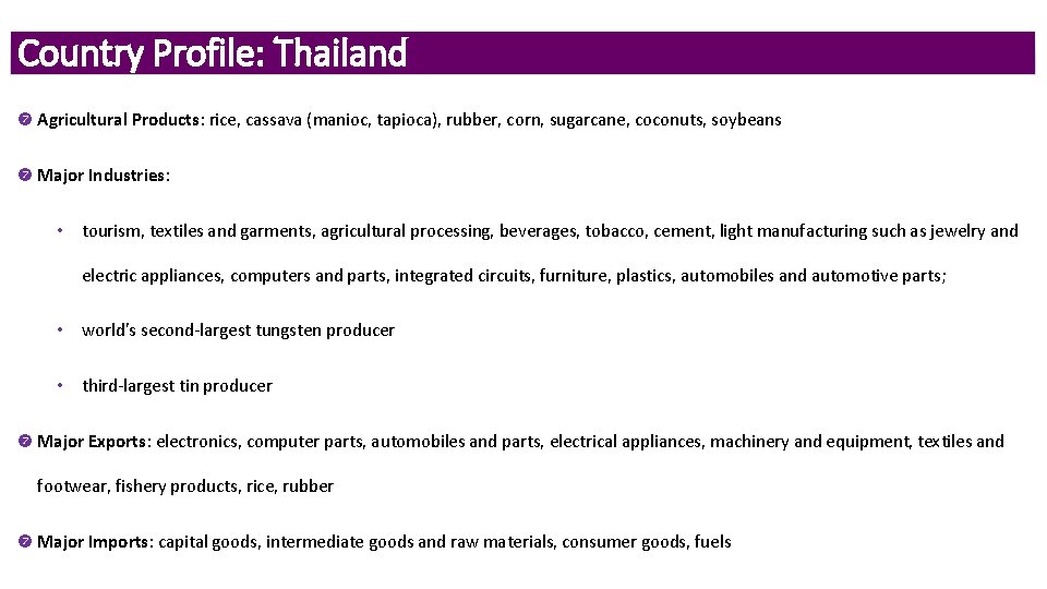 Country Profile: Thailand Agricultural Products: rice, cassava (manioc, tapioca), rubber, corn, sugarcane, coconuts, soybeans