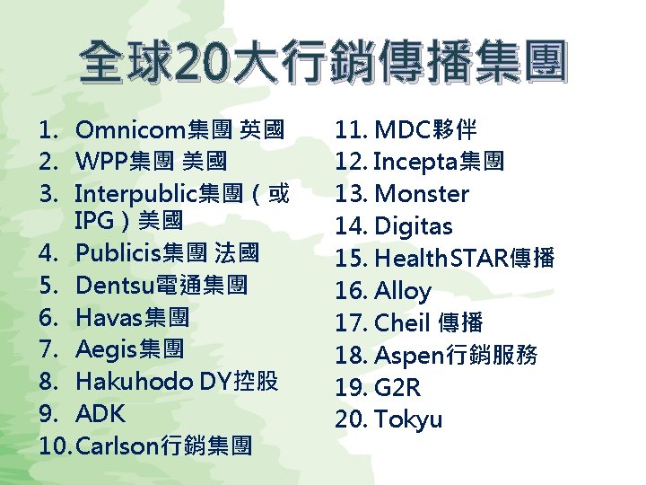 全球20大行銷傳播集團 1. Omnicom集團 英國 2. WPP集團 美國 3. Interpublic集團（或 IPG）美國 4. Publicis集團 法國 5.