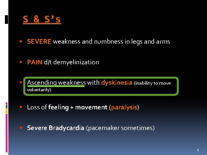 S & S’s § SEVERE weakness and numbness in legs and arms § PAIN