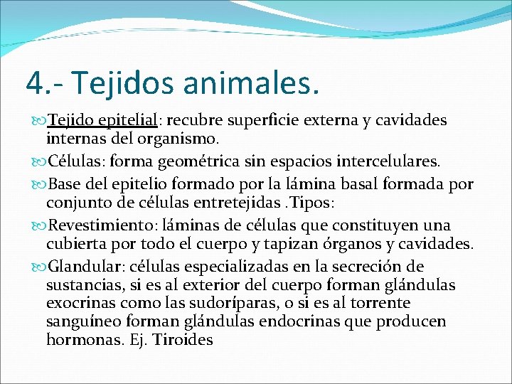 4. - Tejidos animales. Tejido epitelial: recubre superficie externa y cavidades internas del organismo.