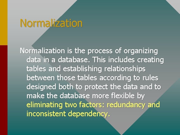 Normalization is the process of organizing data in a database. This includes creating tables Normalization is the process of organizing data in a database. This includes creating tables