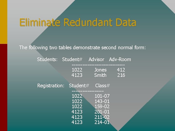 Eliminate Redundant Data The following two tables demonstrate second normal form: Students: Student# Advisor Eliminate Redundant Data The following two tables demonstrate second normal form: Students: Student# Advisor