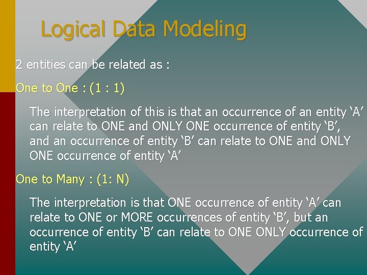 Logical Data Modeling 2 entities can be related as : One to One : Logical Data Modeling 2 entities can be related as : One to One :