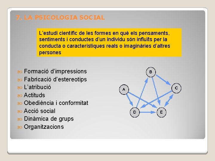 7. LA PSICOLOGIA SOCIAL L’estudi científic de les formes en què els pensaments, sentiments
