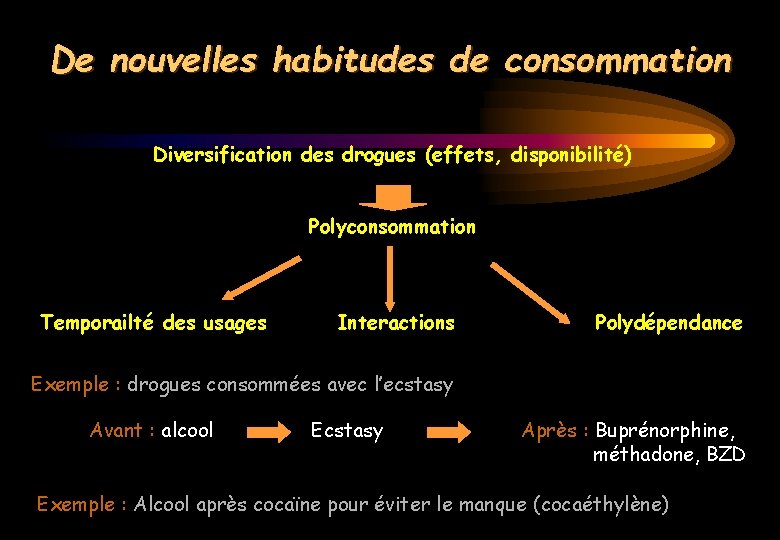 De nouvelles habitudes de consommation Diversification des drogues (effets, disponibilité) Polyconsommation Temporailté des usages