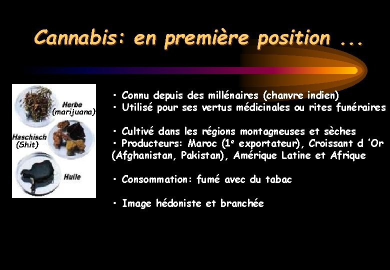 Cannabis: en première position. . . (marijuana) (Shit) • Connu depuis des millénaires (chanvre