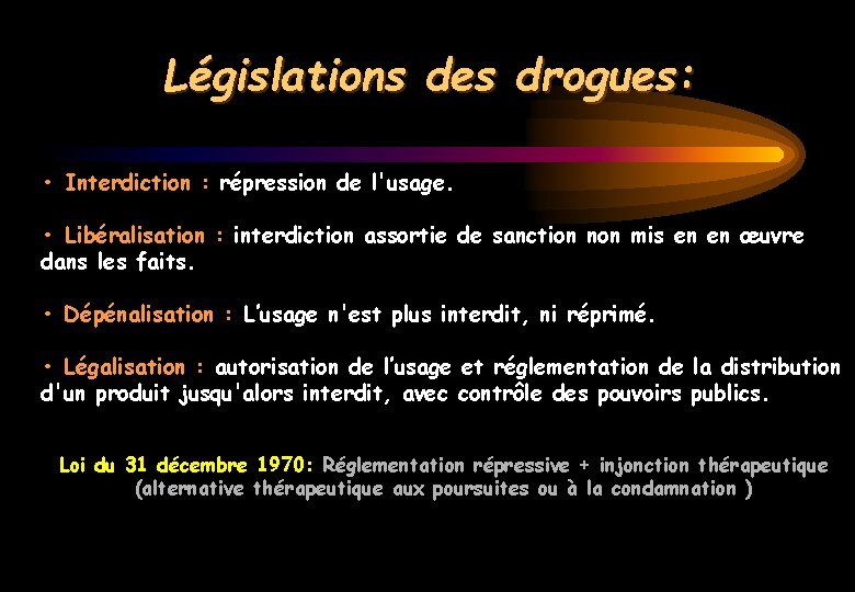 Législations des drogues: • Interdiction : répression de l'usage. • Libéralisation : interdiction assortie