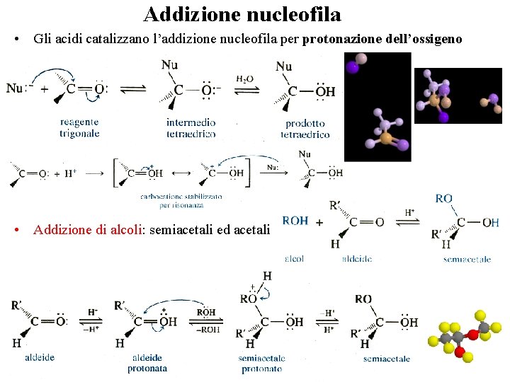 Addizione nucleofila • Gli acidi catalizzano l’addizione nucleofila per protonazione dell’ossigeno • Addizione di