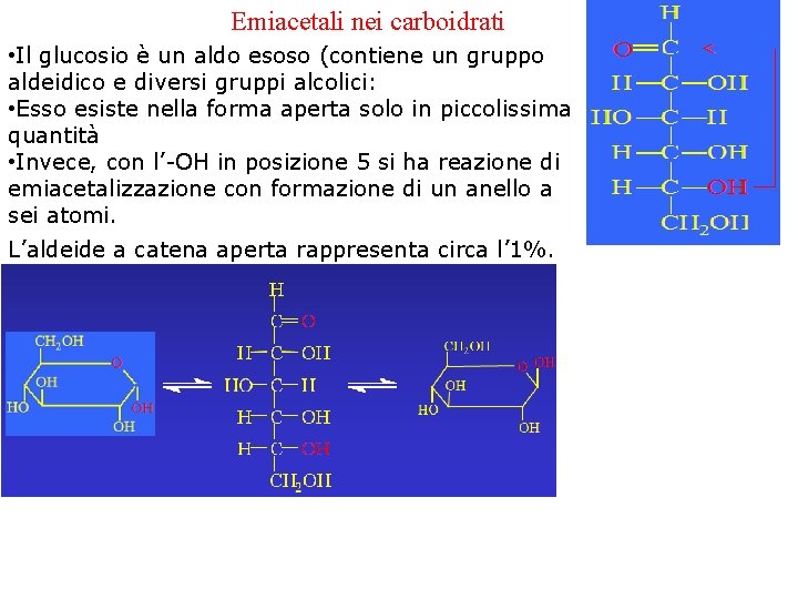 Emiacetali nei carboidrati • Il glucosio è un aldo esoso (contiene un gruppo aldeidico