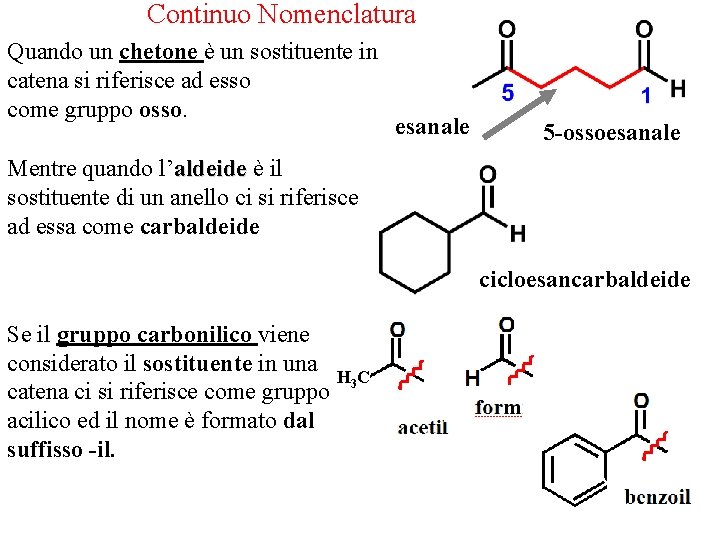 Continuo Nomenclatura Quando un chetone è un sostituente in catena si riferisce ad esso