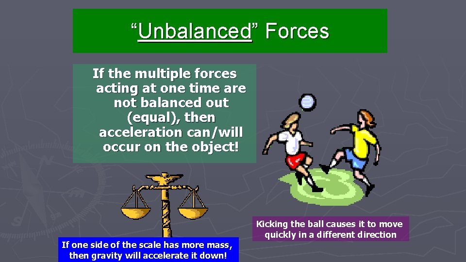 “Unbalanced” Forces If the multiple forces acting at one time are not balanced out “Unbalanced” Forces If the multiple forces acting at one time are not balanced out