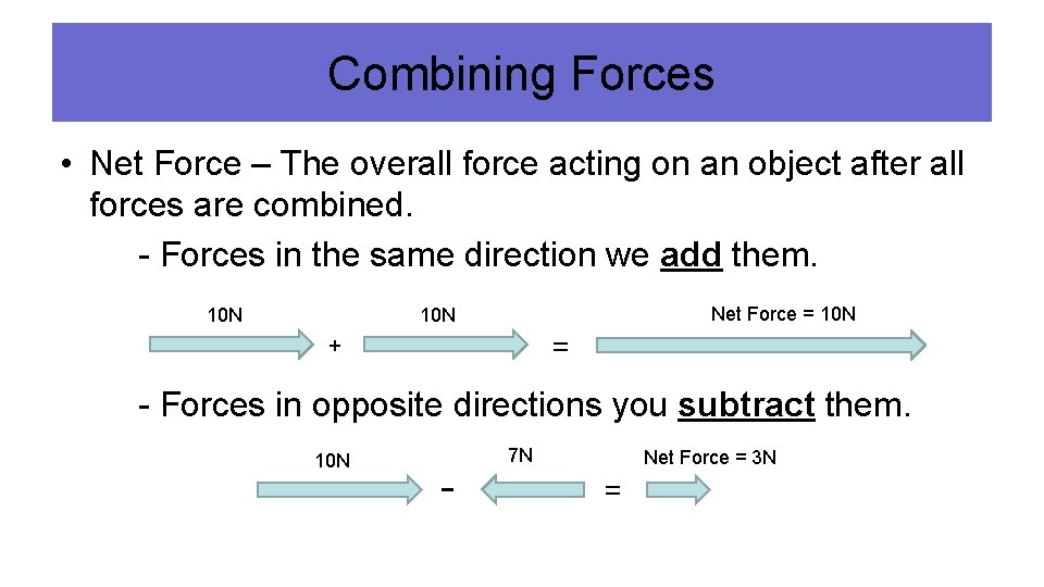Combining Forces • Net Force – The overall force acting on an object after