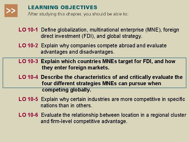 LO 10 -1 Define globalization, multinational enterprise (MNE), foreign direct investment (FDI), and global