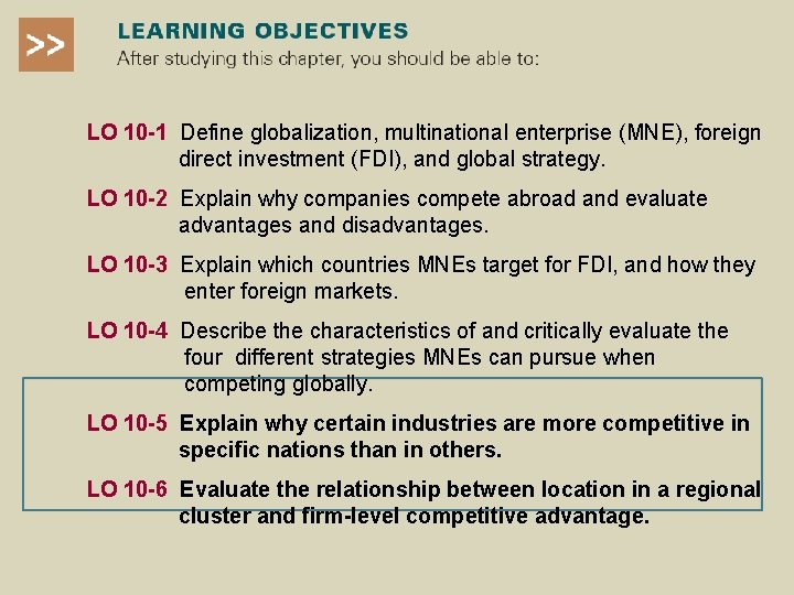 LO 10 -1 Define globalization, multinational enterprise (MNE), foreign direct investment (FDI), and global