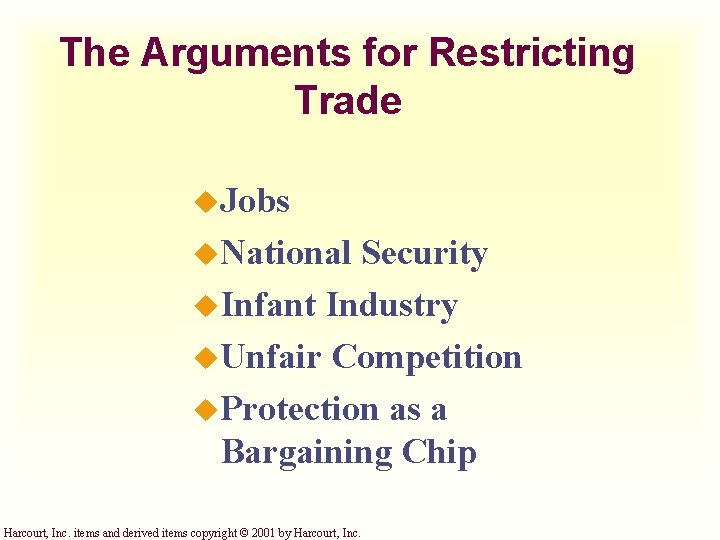 The Arguments for Restricting Trade u. Jobs u. National Security u. Infant Industry u.