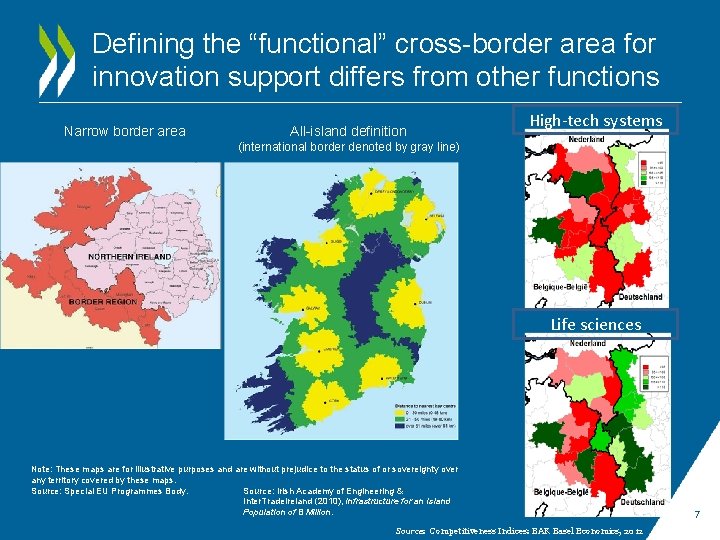 Defining the “functional” cross-border area for innovation support differs from other functions Narrow border