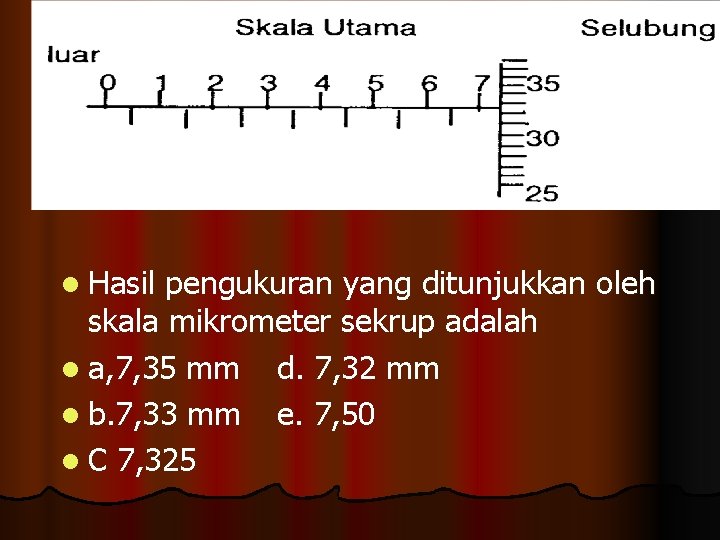 l Hasil pengukuran yang ditunjukkan oleh skala mikrometer sekrup adalah l a, 7, 35