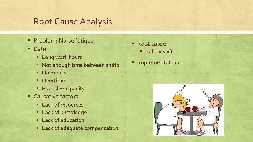 Root Cause Analysis ▪ Problem: Nurse fatigue ▪ Data: ▪ Long work hours ▪