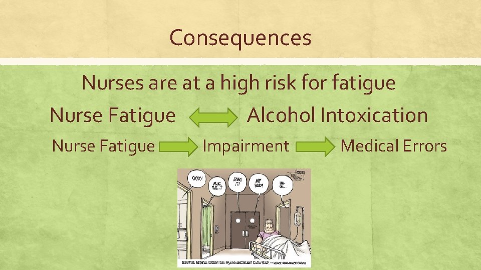 Consequences Nurses are at a high risk for fatigue Nurse Fatigue Alcohol Intoxication Nurse