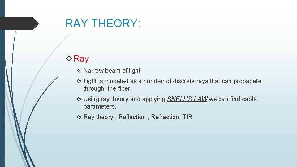 RAY THEORY: Ray : Narrow beam of light Light is modeled as a number