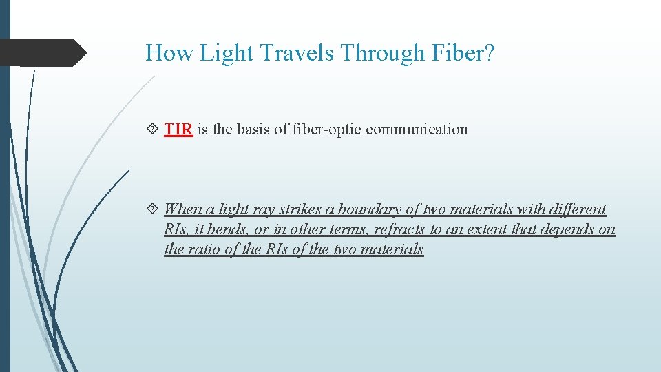 How Light Travels Through Fiber? TIR is the basis of fiber-optic communication When a