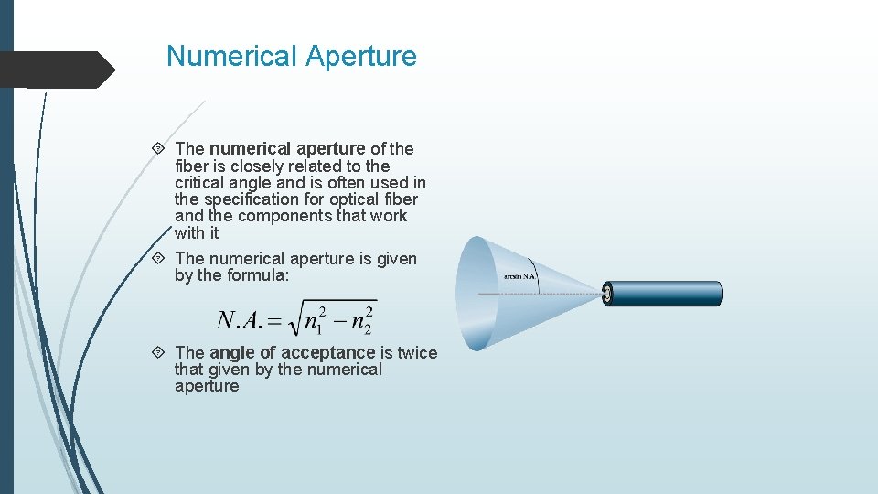 Numerical Aperture The numerical aperture of the fiber is closely related to the critical