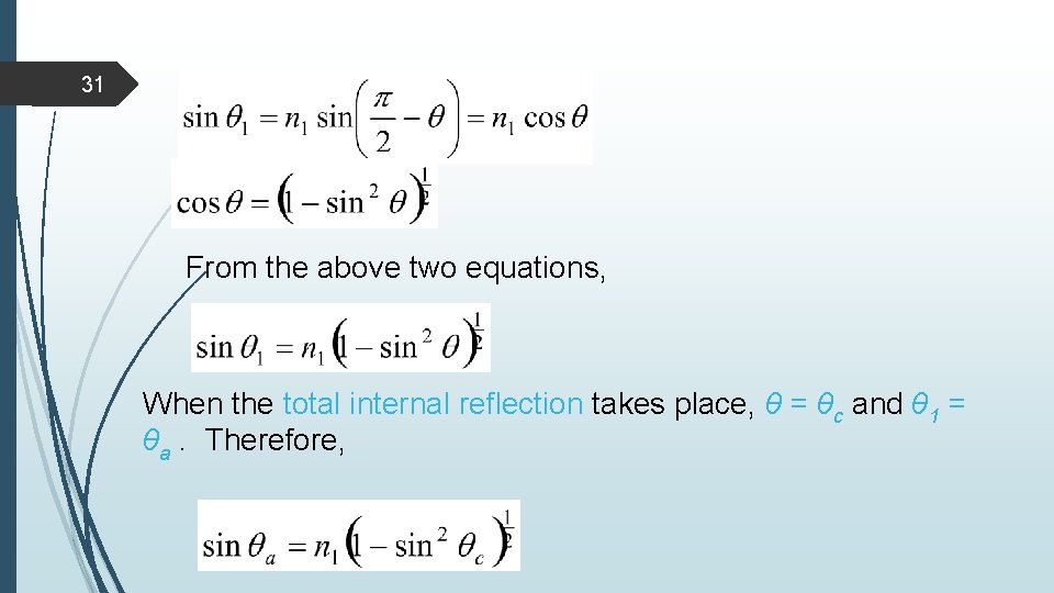 31 From the above two equations, When the total internal reflection takes place, θ