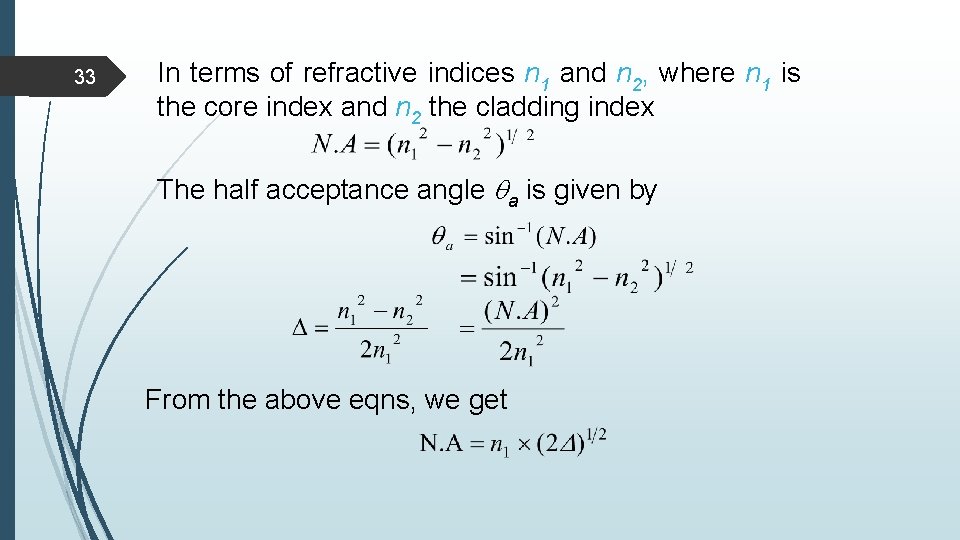 33 In terms of refractive indices n 1 and n 2, where n 1