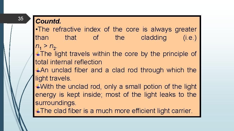 35 Countd. • The refractive index of the core is always greater than that