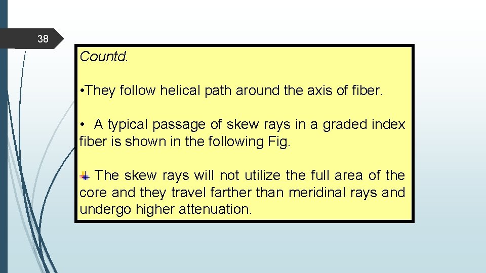 38 Countd. • They follow helical path around the axis of fiber. • A