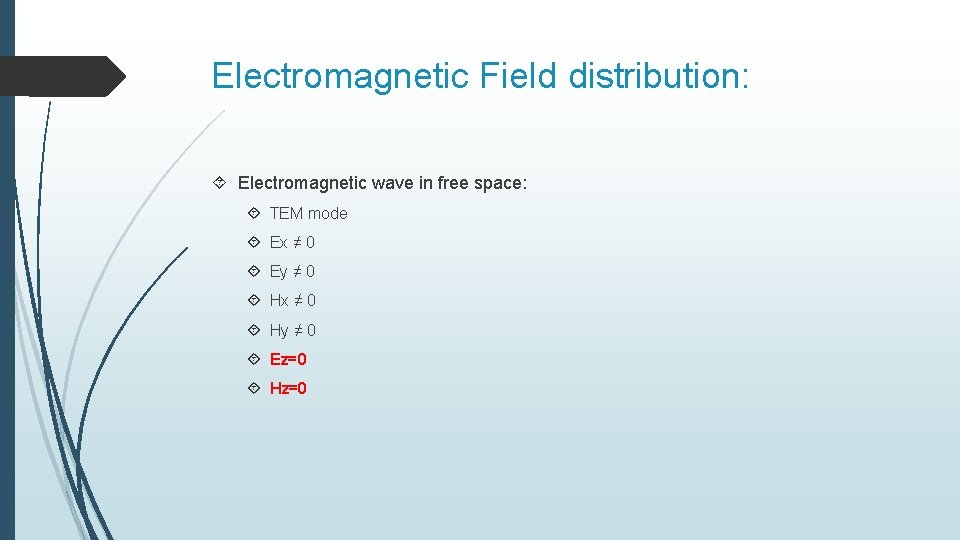 Electromagnetic Field distribution: Electromagnetic wave in free space: TEM mode Ex ≠ 0 Ey