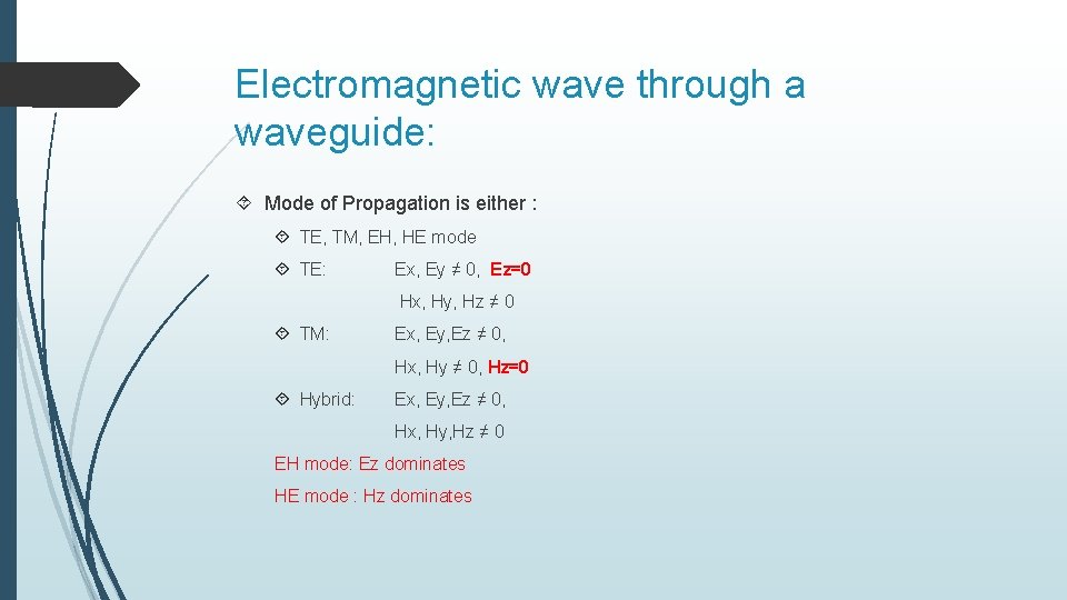 Electromagnetic wave through a waveguide: Mode of Propagation is either : TE, TM, EH,