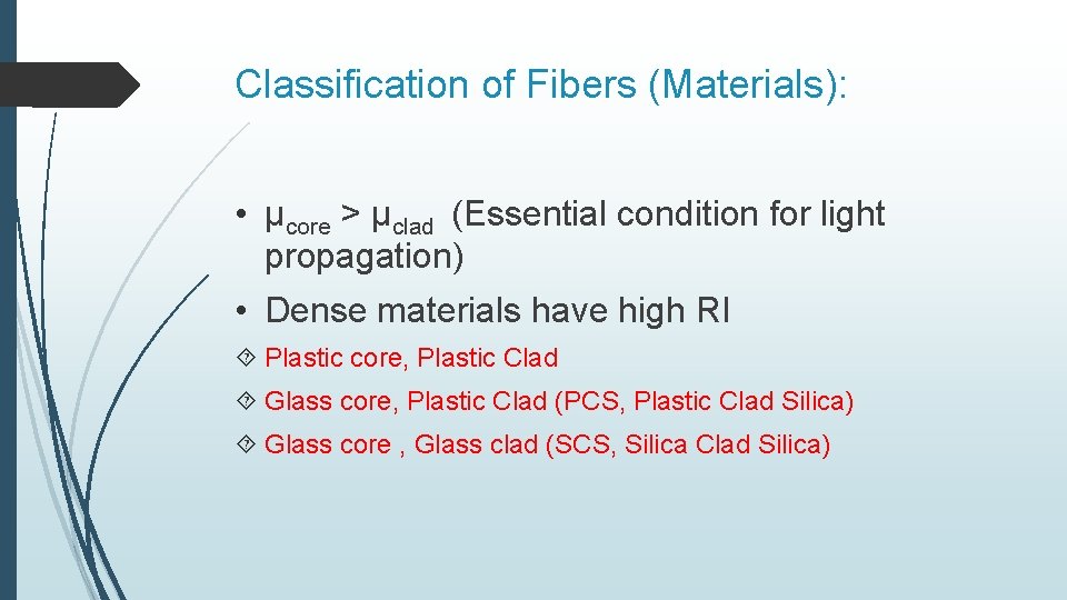 Classification of Fibers (Materials): • μcore > μclad (Essential condition for light propagation) •