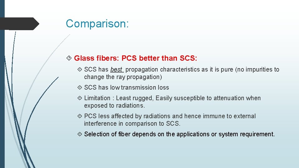 Comparison: Glass fibers: PCS better than SCS: SCS has best propagation characteristics as it