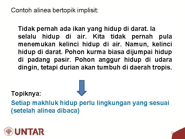 Contoh alinea bertopik implisit: Tidak pernah ada ikan yang hidup di darat. Ia selalu