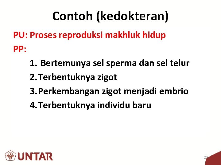 Contoh (kedokteran) PU: Proses reproduksi makhluk hidup PP: 1. Bertemunya sel sperma dan sel