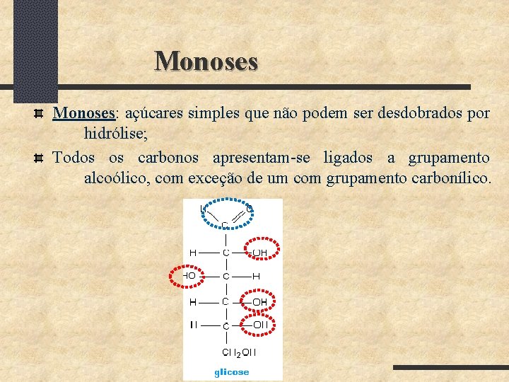  Monoses: açúcares simples que não podem ser desdobrados por hidrólise; Todos os carbonos