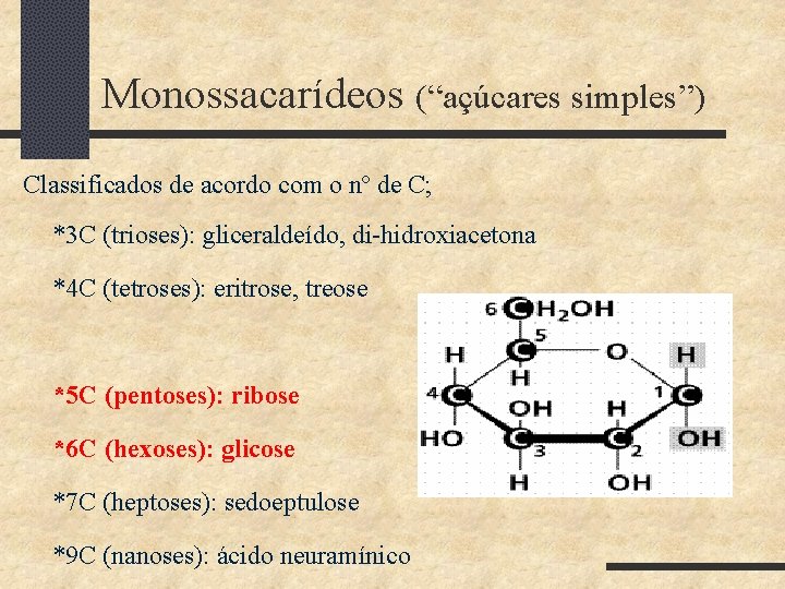 Monossacarídeos (“açúcares simples”) Classificados de acordo com o nº de C; *3 C (trioses):