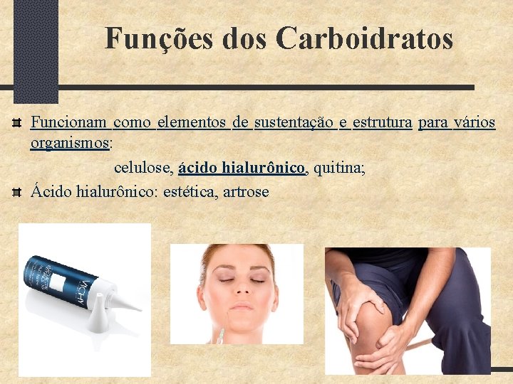 Funções dos Carboidratos Funcionam como elementos de sustentação e estrutura para vários organismos: celulose,