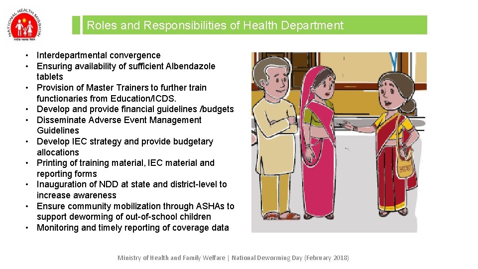 Roles and Responsibilities of Health Department • Interdepartmental convergence • Ensuring availability of sufficient